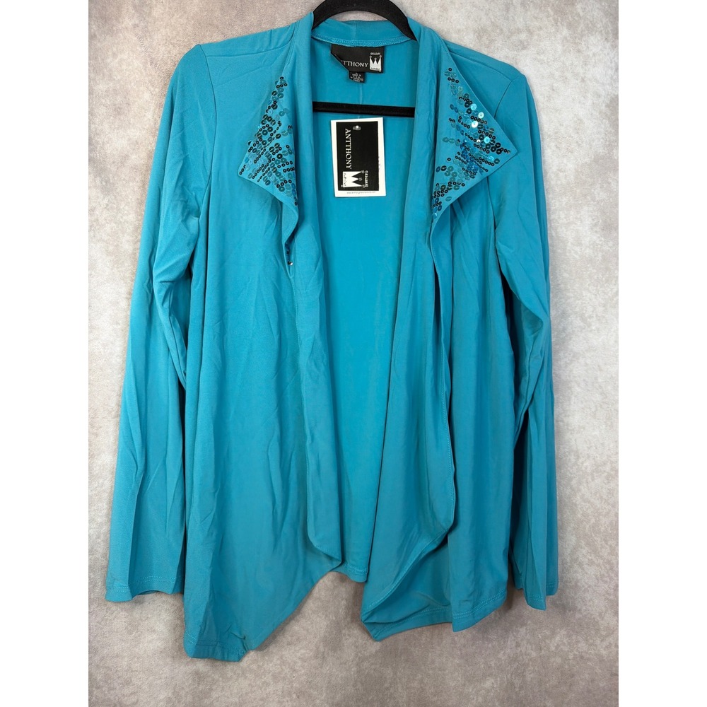 NWT‎ Anthony Original Women's Turquoise Open Front Sequined Collar Cardigan Sz L
